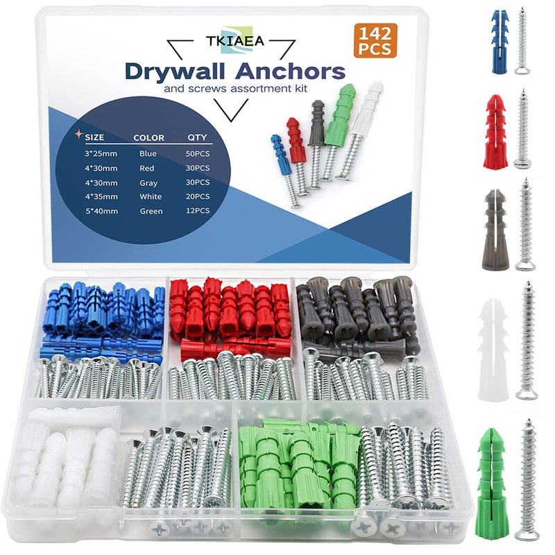 Tkiaea Drywall Anchors and Screws Kit 142Pcs, Wall Anchors and Screws for Drywall, Including 5 Different Sizes - Image 1